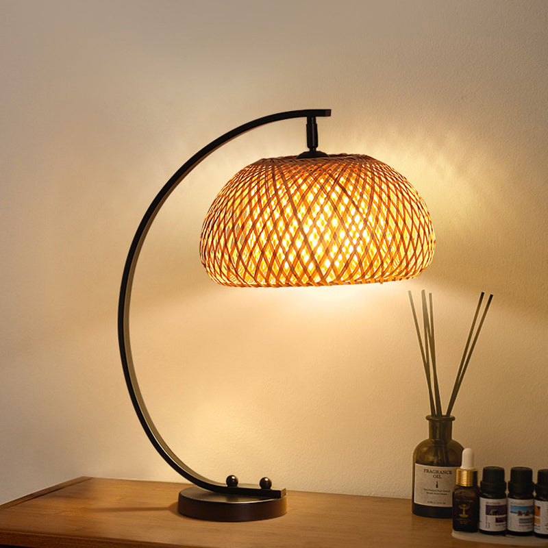 Traditional Chinese Curved Pole Round Mesh Shade Iron Bamboo 1-Light Table Lamp For Bedroom