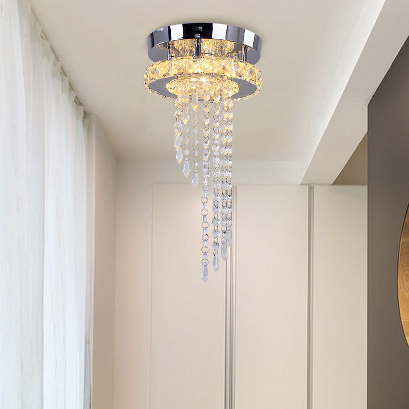 Contemporary Luxury Double Layer Round Stainless Steel Crystal Bead LED Flush Mount Ceiling Light For Living Room