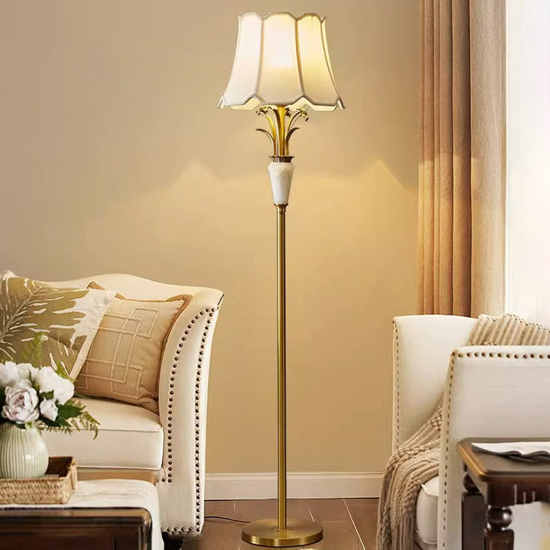 Contemporary Luxury Fabric Shade Jade All Copper Carved Base 1-Light Standing Floor Lamp For Home Office