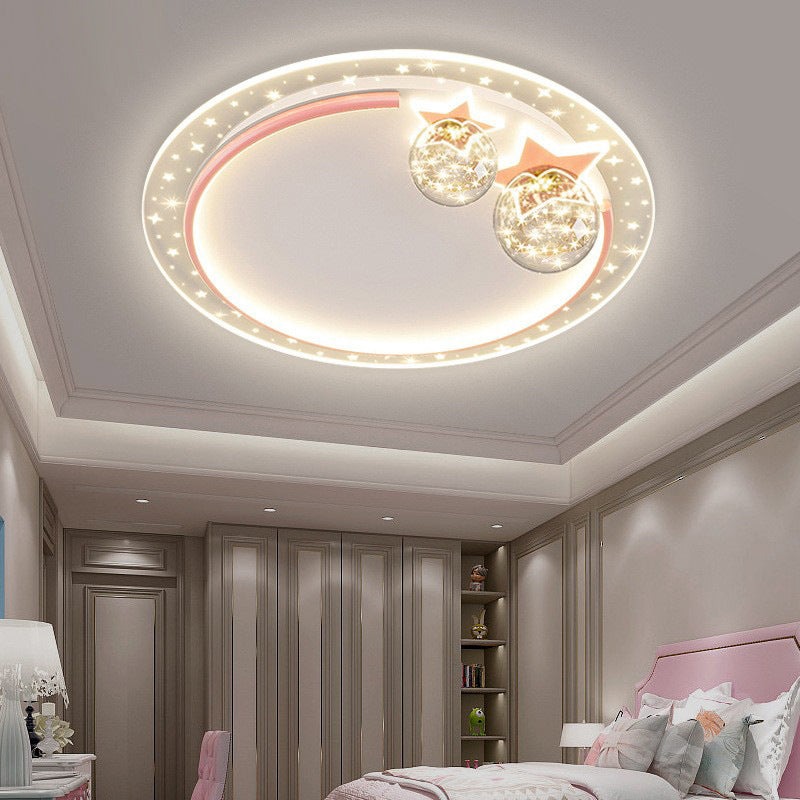 Contemporary Creative Kids Round Orb Stars Hardware Acrylic LED Flush Mount Ceiling Light For Bedroom