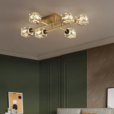 Contemporary Luxury Branch Rectangle Full Copper Crystal 4/6/8 Light Semi-Flush Mount Ceiling Light For Living Room