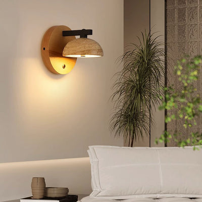 Traditional Japanese Dolomite Walnut Round Hemispherical LED Wall Sconce Lamp For Bedside