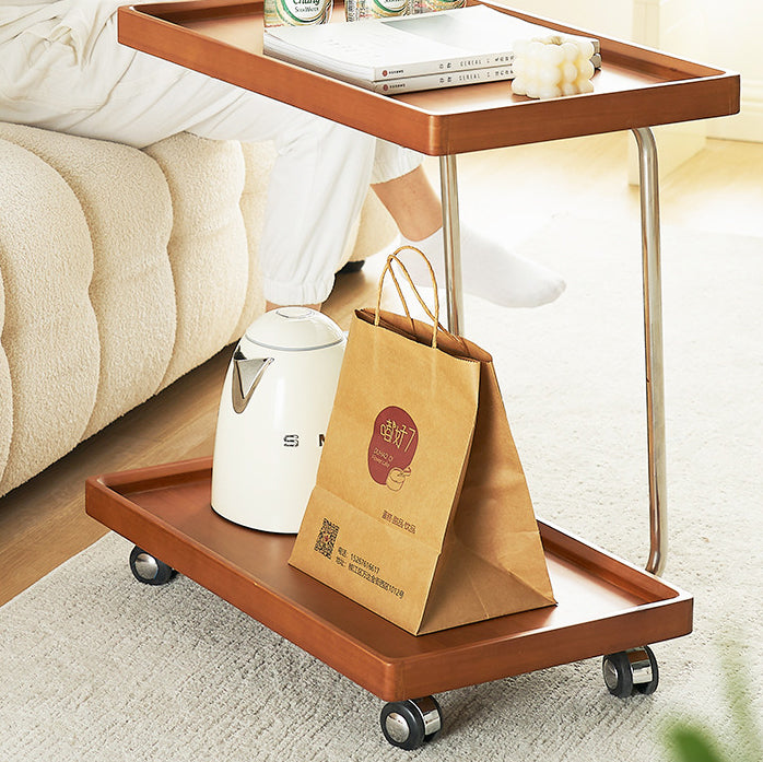 Modern Minimalist Square Wood Metal End Table Two Tier Wheels For Living Room