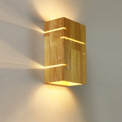 Contemporary Scandinavian Rectangular Rubberwood 2-Light Wall Sconce Lamp For Bedroom