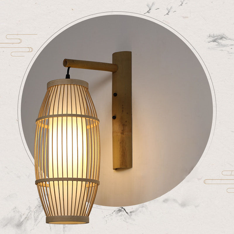 Traditional Chinese Weaving Bamboo Cage Shape 1-Light Wall Sconce Lamp For Living Room