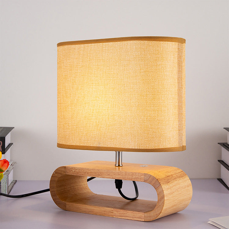 Contemporary Scandinavian Rectangular Wood Fabric 1-Light Table Lamp For Bedroom