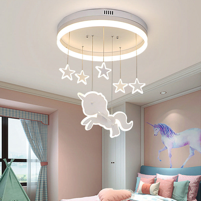 Contemporary Nordic Kids Iron Acrylic Round Unicorn Star LED Flush Mount Ceiling Light For Bedroom