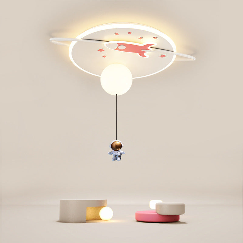 Contemporary Creative Iron Acrylic Rocket Astronaut LED Kids Flush Mount Ceiling Light For Bedroom