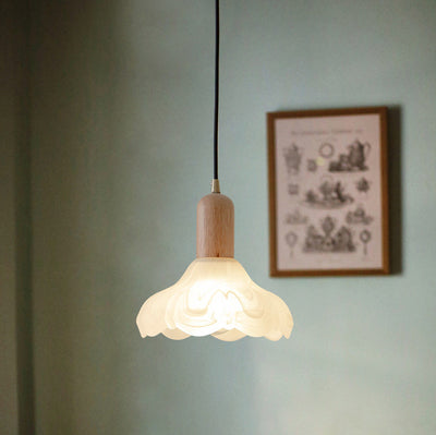 Traditional Japanese Cylinder Flower Solid Wood Glass 1-Light Pendant Light For Living Room