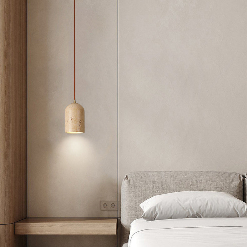 Contemporary Scandinavian Cylindrical Half Orb Travertine Oak 1-Light Pendant Light For Bedroom