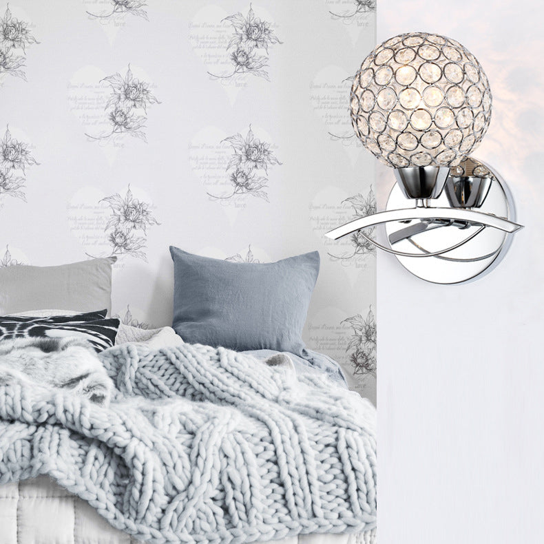 Contemporary Scandinavian Sphere Curved Disc Base Iron Crystal 1/2 Light Wall Sconce Lamp For Bedroom