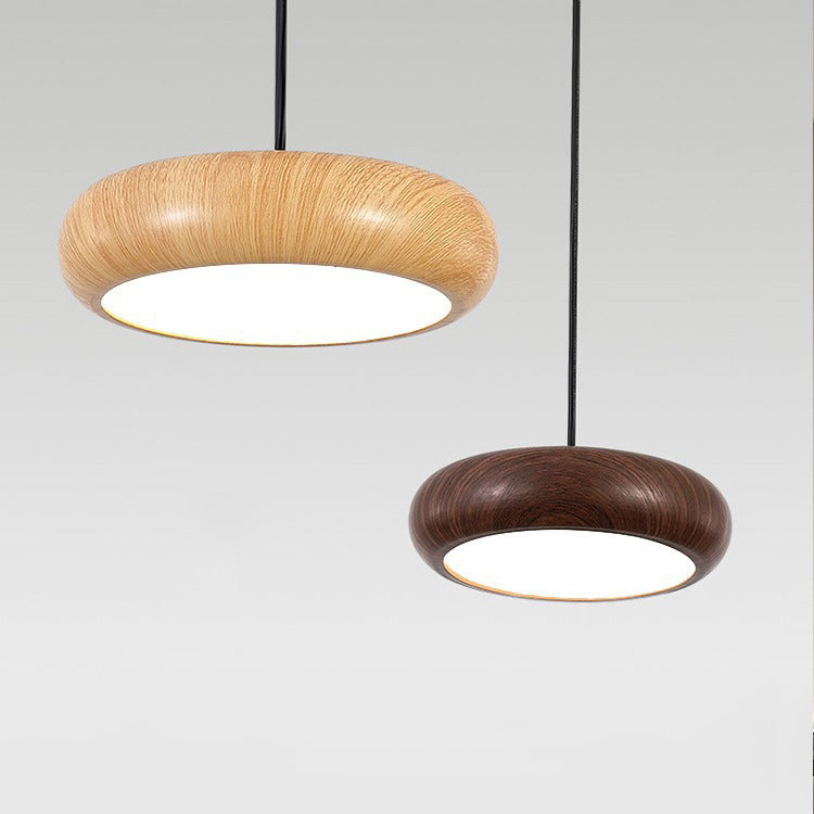 Modern Minimalist Round Iron Water Turned Wood Grain Acrylic LED Pendant Light For Living Room