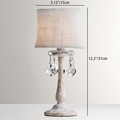 Modern Shabby Chic Distressed White Cylindrical Fabric Shade Resin Base 1-Light Table Lamp For Bedroom