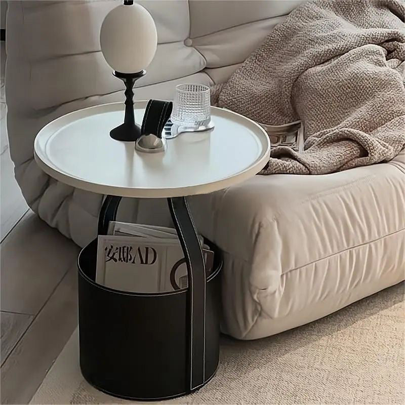 Contemporary Creative Round Barrel Leather Stainless Steel Coffee Table Tote For Living Room