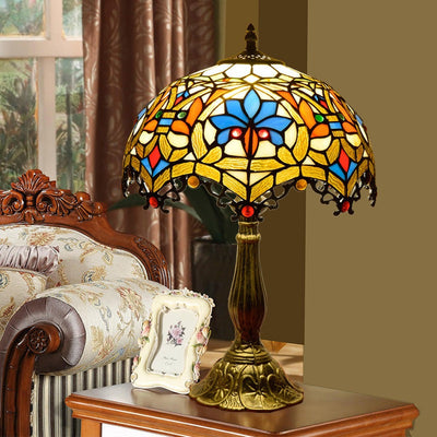 Traditional Tiffany Flower Gemstone Stained Glass 1-Light Table Lamp For Living Room