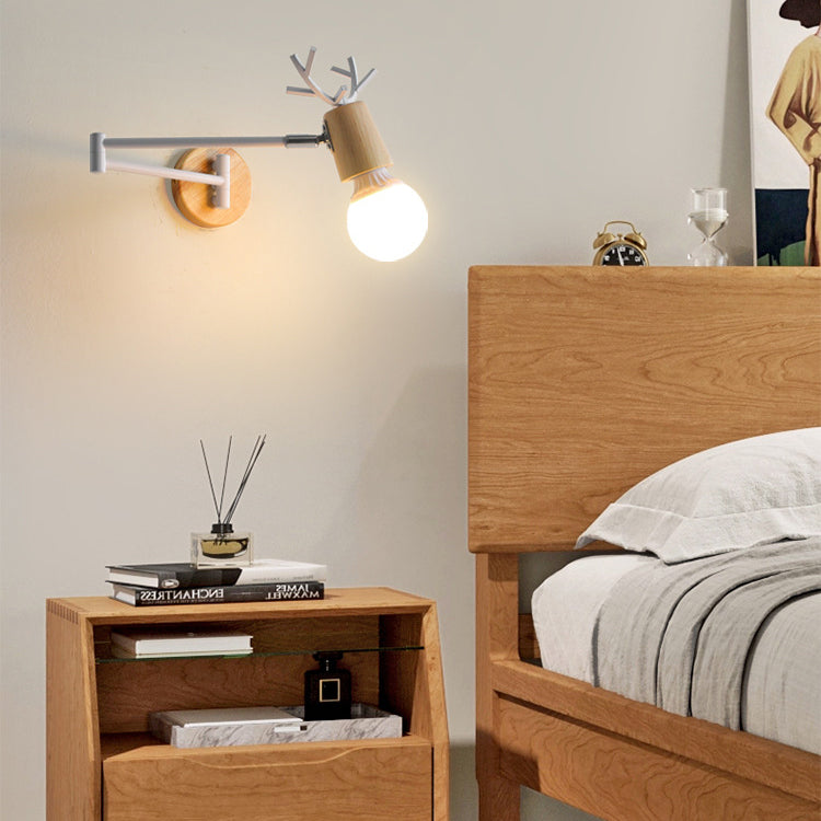 Modern Minimalist Swing Arm Retractable Cylinder Round Iron Solid Wood Glass 1-Light Wall Sconce Lamp For Bedroom