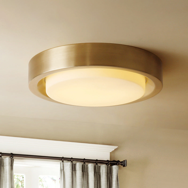 Modern Minimalist Full Copper Round Glass Shade LED Flush Mount Ceiling Light For Living Room