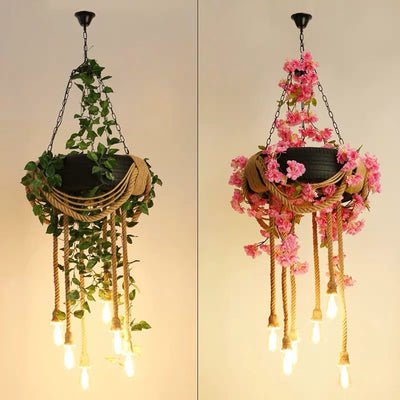 Contemporary Creative Tire Floral Decor Hemp Rope 6-Light Chandelier For Entertainment Rooms