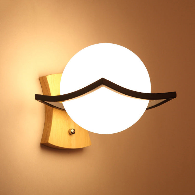 Modern Minimalist Spherical Wood Glass 1-Light Wall Sconce Lamp For Bedroom