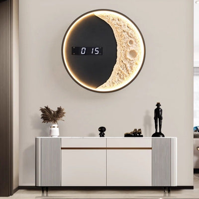 Modern Minimalist Round Moon Astronaut Clock Hardware Aluminium Resin LED Wall Sconce Lamp For Living Room