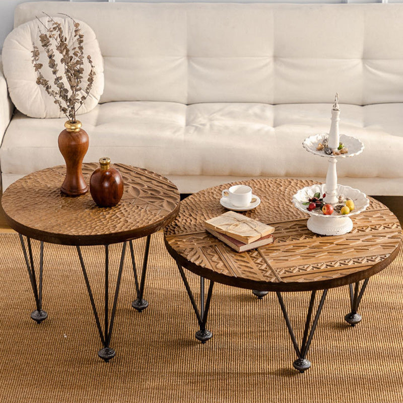 Traditional Rustic Round Density Plate Solid Wood Iron Coffee Table For Living Room