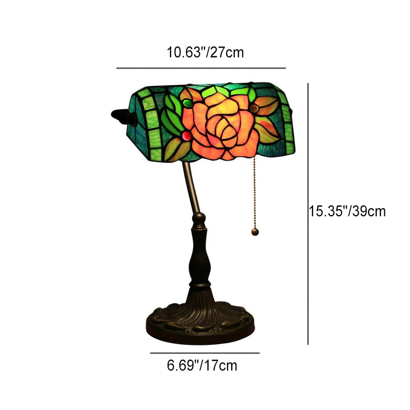 Tiffany Vintage Blooming Flowers Stained Glass 1-Light Bank Table Lamp