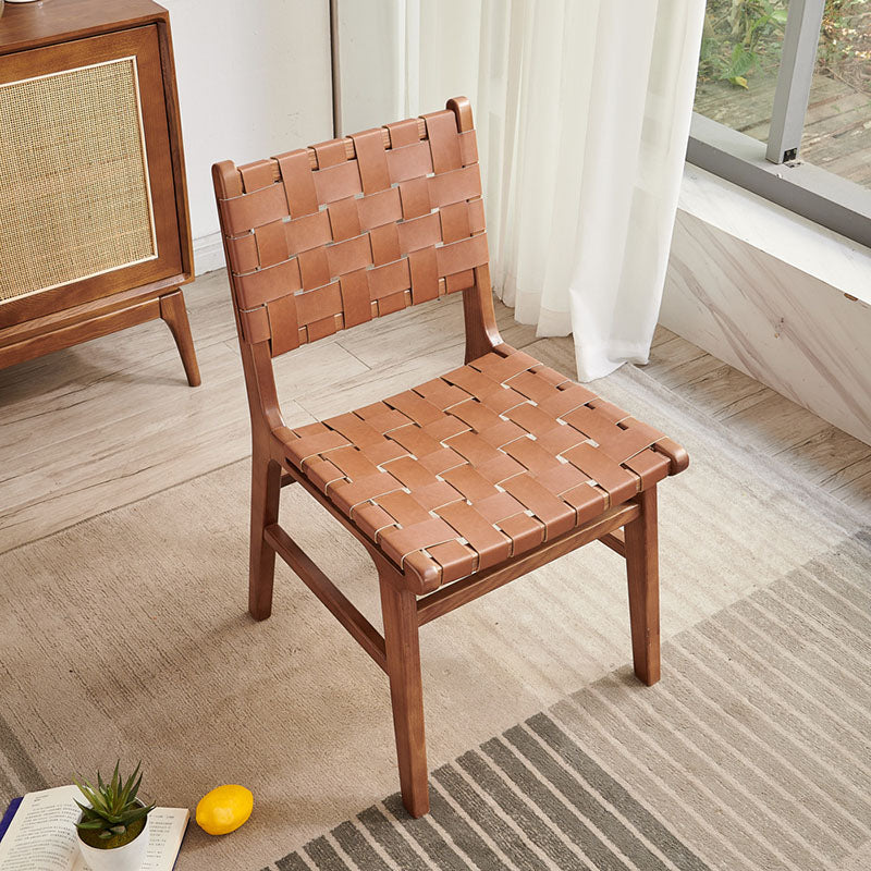 Contemporary Scandinavian Square Woven Wood Saddle Leather Dining Chair Backrest For Dining Room