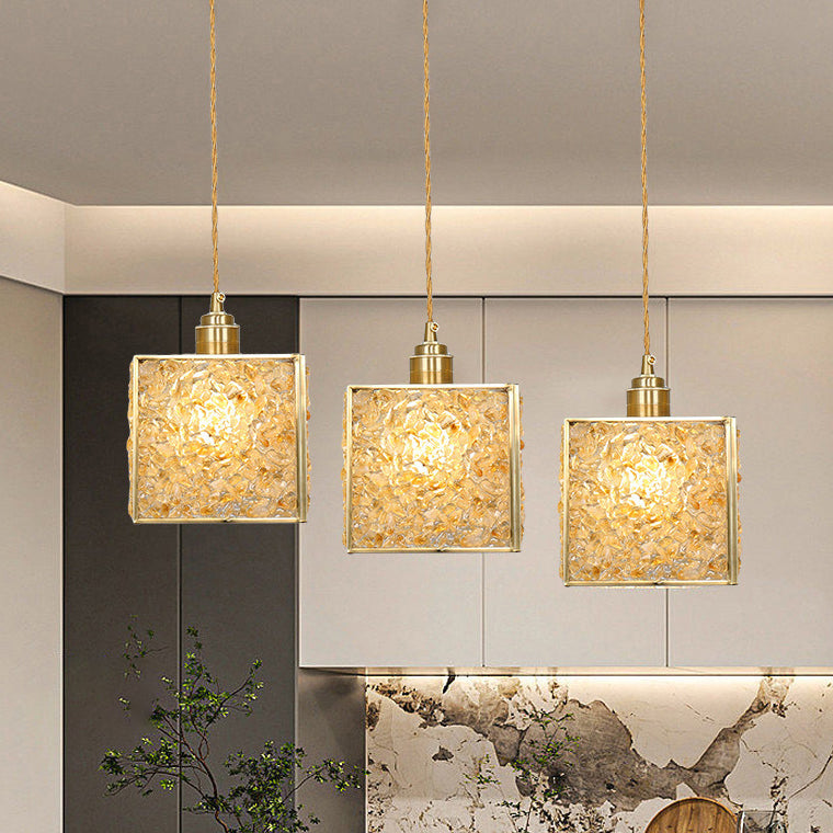 Modern Luxury Square Cube Gold Copper Frame Glass Shade 1-Light Pendant Light For Living Room