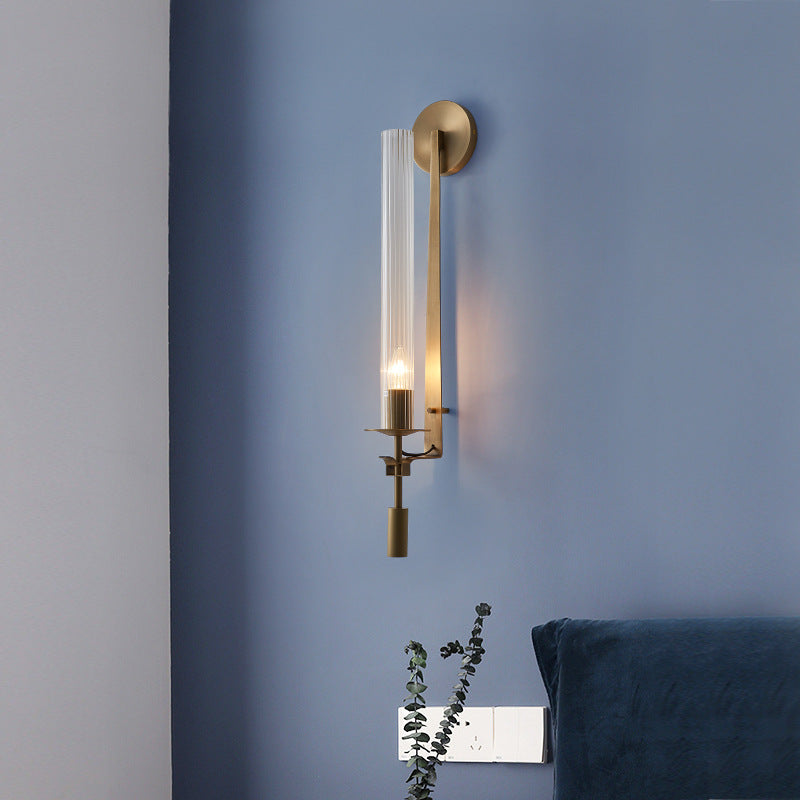 Contemporary Luxury Brass Iron Frame Glass Cylinder Shade 1-Light Wall Sconce Lamp For Living Room