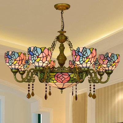 Traditional Tiffany Flower Dome Iron Glass Alloy 8/11 Light Chandeliers For Living Room