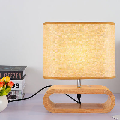 Contemporary Scandinavian Rectangular Wood Fabric 1-Light Table Lamp For Bedroom