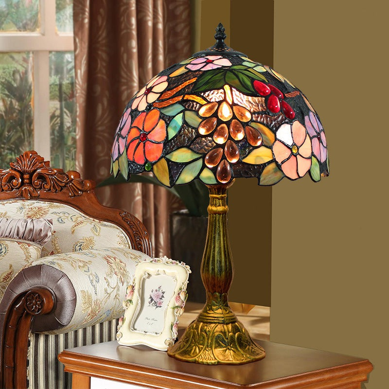 Traditional Tiffany Aluminum Alloy Glass Dome Grape Flower 1-Light Table Lamp For Bedside