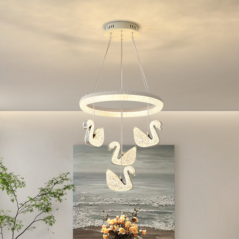 Contemporary Luxury Circle Ring Shade ABS Swan Decor LED Chandelier For Living Room