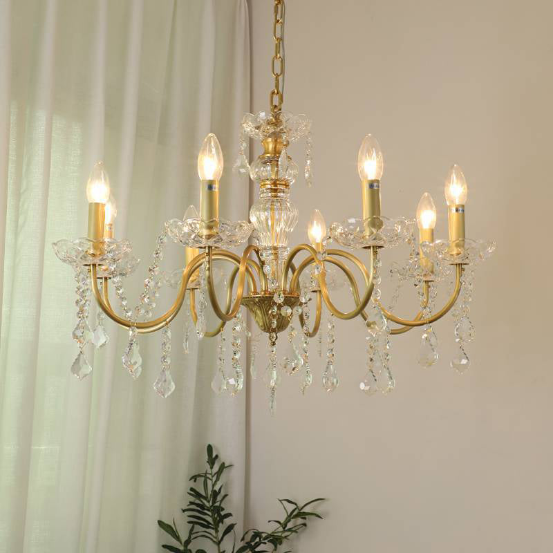 Traditional French Round Branch Crystal Candelabra Full Brass Glass 5/6/8 Light Chandelier For Living Room