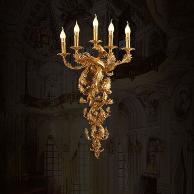 Traditional French Full Copper Carved Lamp Arm Palace Candelabra 5-Light Wall Sconce Lamp For Living Room