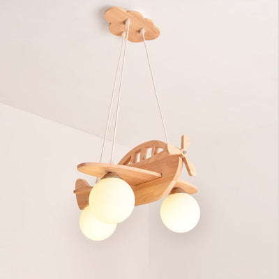 Contemporary Creative Rubberwood Aircraft Design Glass 3-Light Kids Chandelier For Bedroom