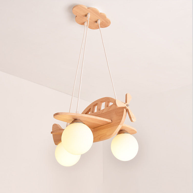 Contemporary Creative Rubberwood Aircraft Design Glass 3-Light Kids Chandelier For Bedroom