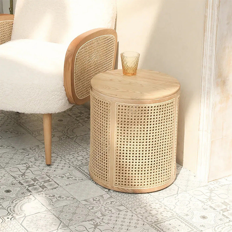 Contemporary Scandinavian Cylindrical Wood Rattan Coffee Table For Living Room