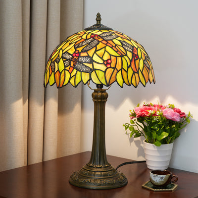 Traditional Tiffany Cylinder Half Round Disc Base Dragonfly Leaf Aluminum Glass 1-Light Table Lamp For Bedroom