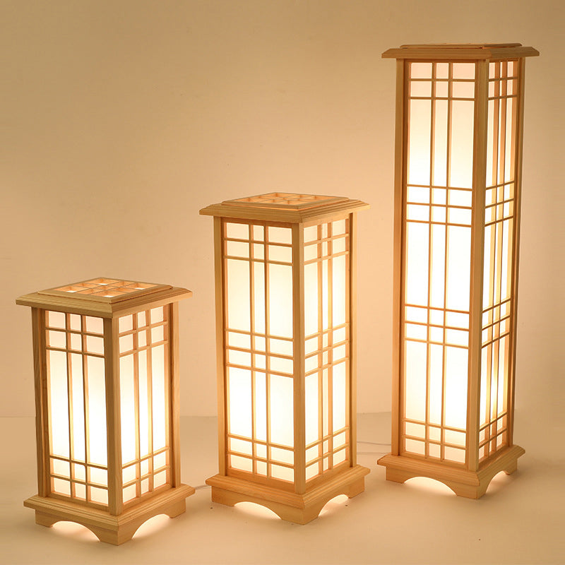 Traditional Japanese Wood Acrylic Pillar Rectangular 1/2/3 Light Standing Floor Lamp For Bedroom