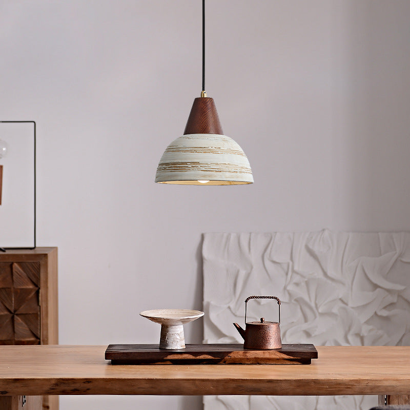 Contemporary Retro Ceramic Bowl Shape Wood 1-Light Pendant Light For Living Room