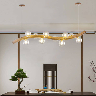 Modern Minimalist Wave Line Orb Solid Wood Glass 6/8/10 Lights Island Light Chandelier For Dining Room