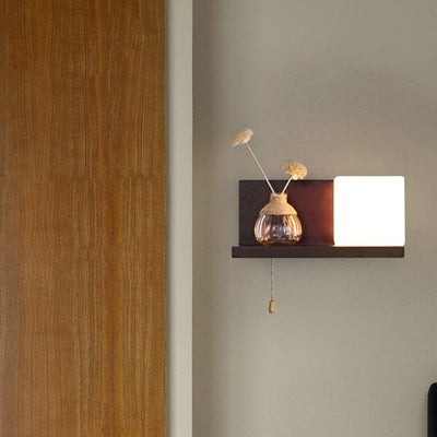 Modern Minimalist Rectangular Square Shelf Wood Glass 1-Light Wall Sconce Lamp For Bedroom