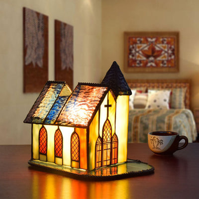 Traditional Tiffany Glass House Chapel 1-Light Table Lamp Night Light For Bedside