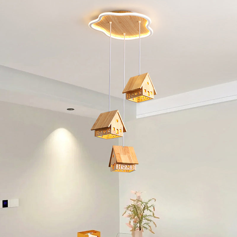 Contemporary Creative Cartoon Wood Cabin Aluminum LED Chandelier For Living Room