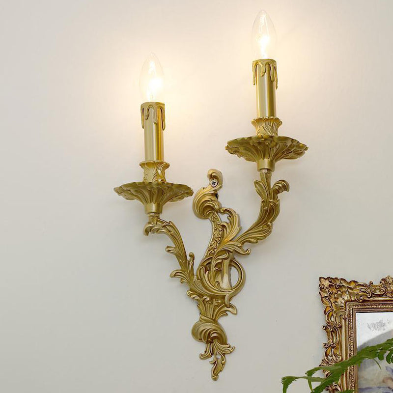 Traditional French Luxury Brass Candelabra Carved 2/3 Light Wall Sconce Lamp For Bedroom