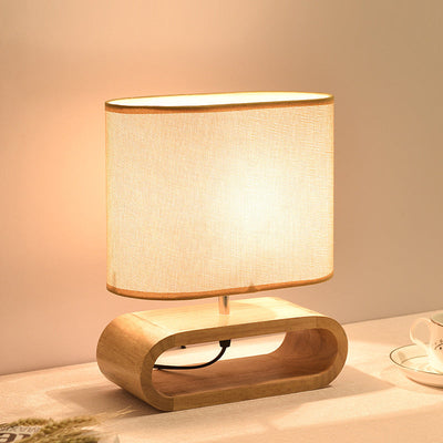 Contemporary Nordic Wood Fabric Cylinder Elliptical 1-Light Table Lamp For Study