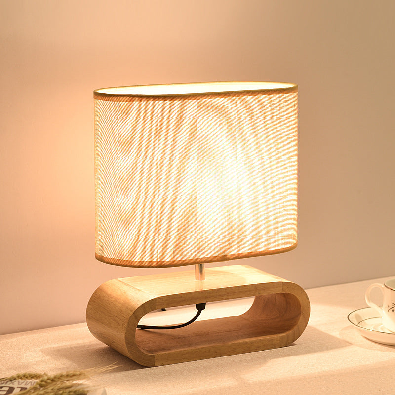 Contemporary Nordic Wood Fabric Cylinder Elliptical 1-Light Table Lamp For Study