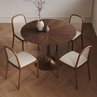 Contemporary Retro Round Walnut Copper Rattan Dining Table & Chair Set For 2 Seats