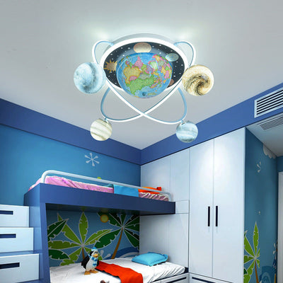 Contemporary Creative Kids Round Earth Planet Hardware Acrylic Glass LED 4-Light Flush Mount Ceiling Light For Bedroom